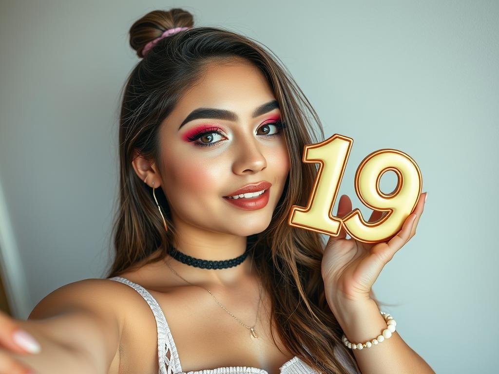 Person taking a birthday selfie with '19' decorations