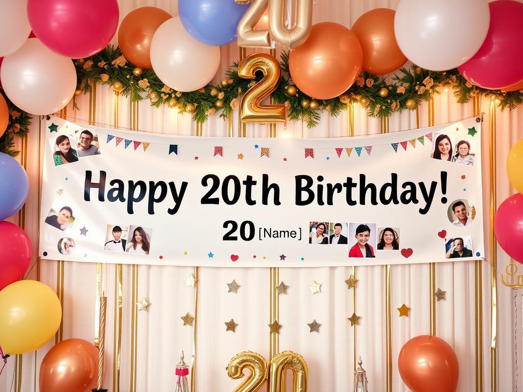 Personalized 20th birthday banner with name and photos being displayed at a celebration Personalized 20th birthday banner with name and photos being displayed at a celebration