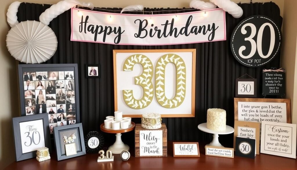 Personalized 30th birthday decorations including custom banner, photo displays, and monogrammed items Personalized 30th birthday decorations including custom banner, photo displays, and monogrammed items