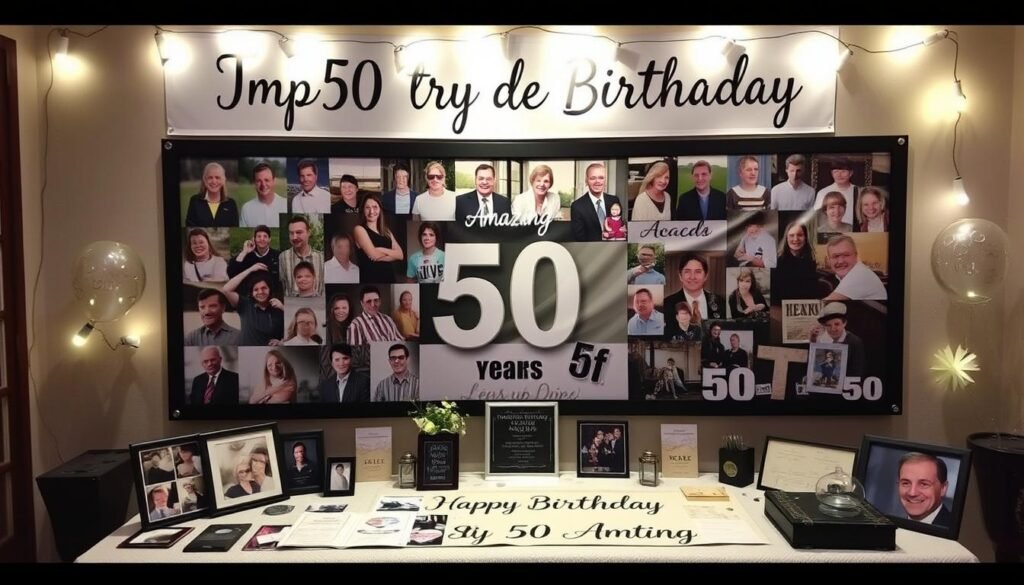 Personalized 50th birthday decorations including photo collage, custom banner, and memorabilia display Personalized 50th birthday decorations including photo collage, custom banner, and memorabilia display