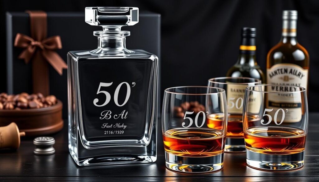 Personalized whiskey decanter set as a 50th birthday gift with custom engraving
