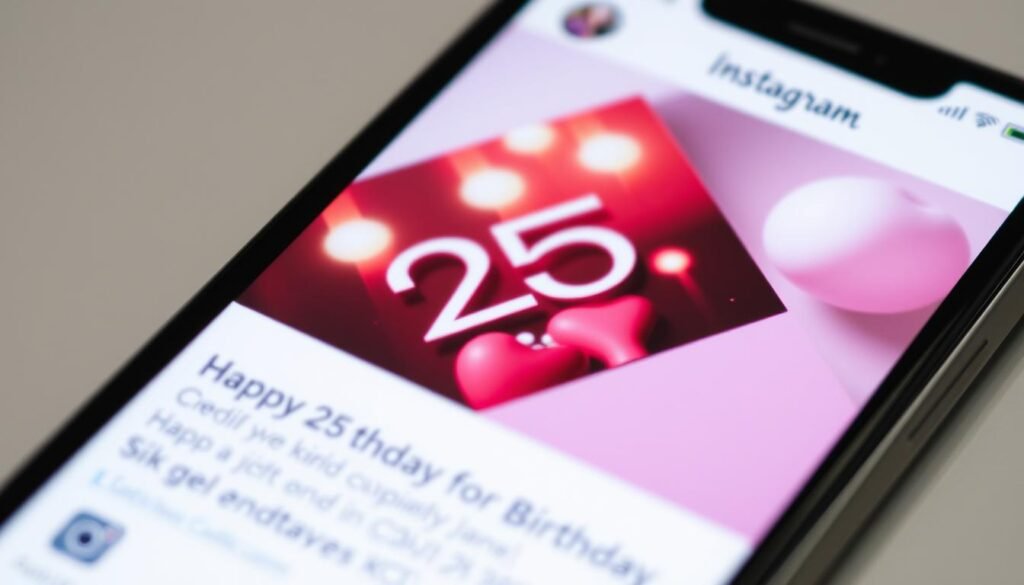 Phone screen showing Instagram post with 25th birthday captions and hashtags Phone screen showing Instagram post with 25th birthday captions and hashtags