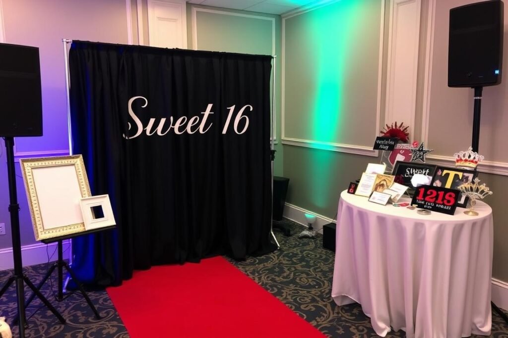 Photo booth setup at a Sweet 16 DTI party with props and a themed backdrop Photo booth setup at a Sweet 16 DTI party with props and a themed backdrop