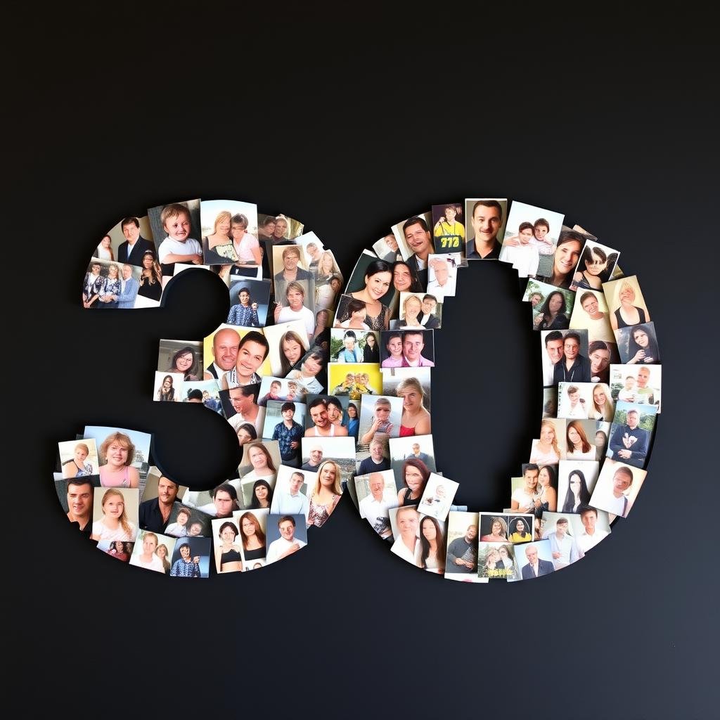 Photo collage in the shape of number 30 showing birthday person through the years Photo collage in the shape of number 30 showing birthday person through the years