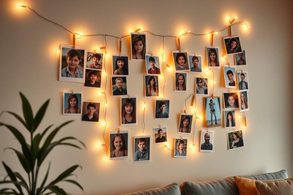 Photo memory wall with string lights for 17th birthday decoration