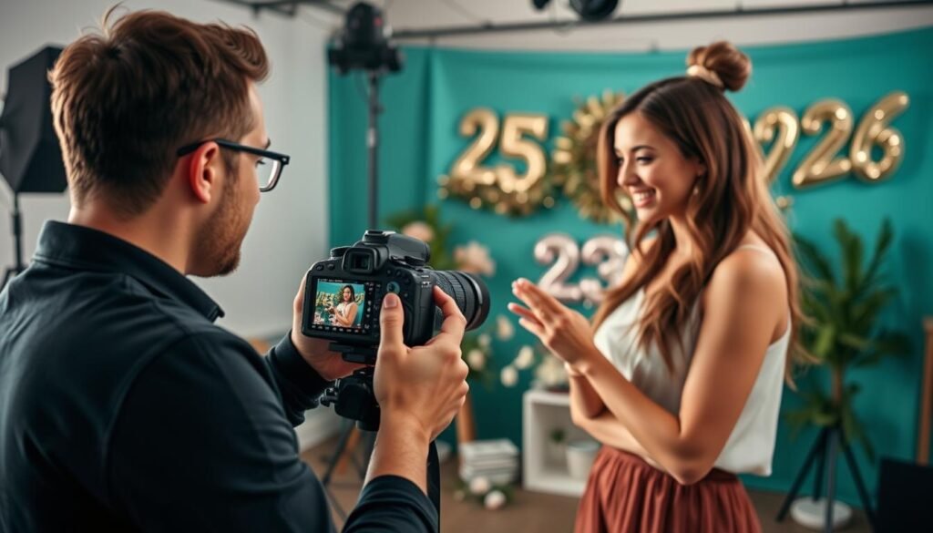 Photographer working with client during 25th birthday photoshoot Photographer working with client during 25th birthday photoshoot
