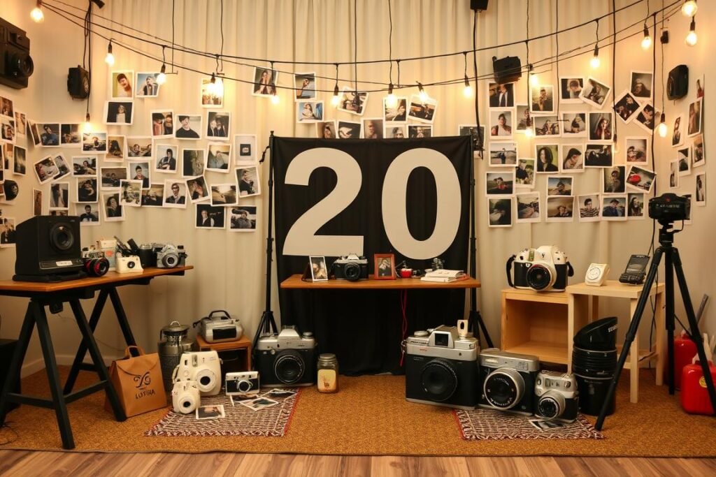 Photography themed 20th birthday with photo stations and camera decorations