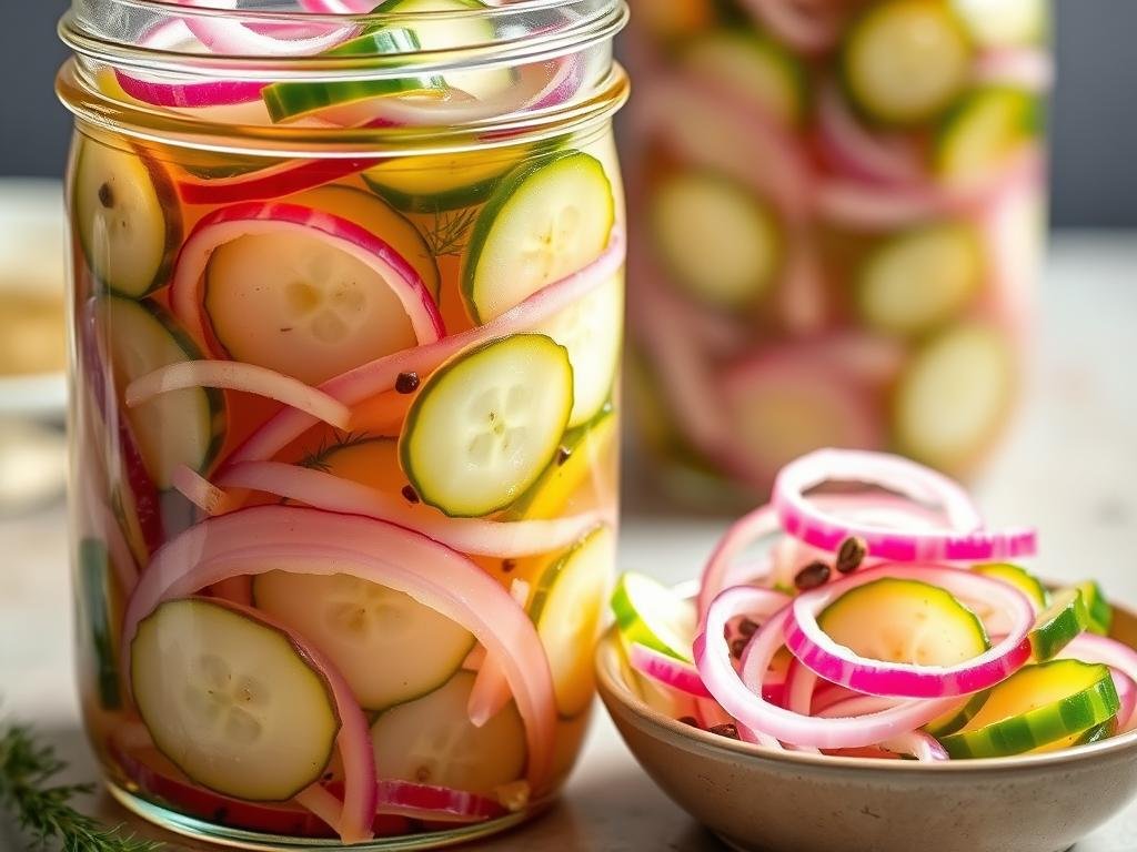 Pickled cucumber and onion salad in a glass jar, showing the bright vinegar brine and layered vegetables