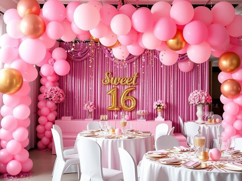 Pink and gold sweet 16 decorations with balloons, confetti, and elegant table settings Pink and gold sweet 16 decorations with balloons, confetti, and elegant table settings