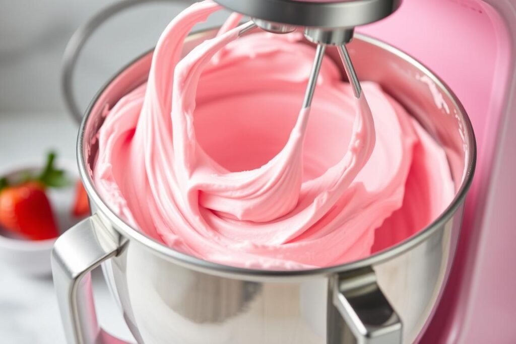 Pink strawberry buttercream being made for fresh strawberry cake