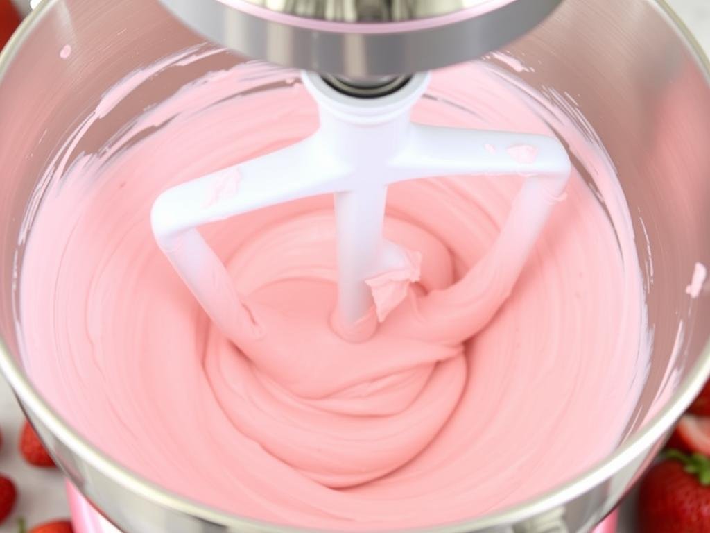 Pink strawberry buttercream being mixed in a stand mixer