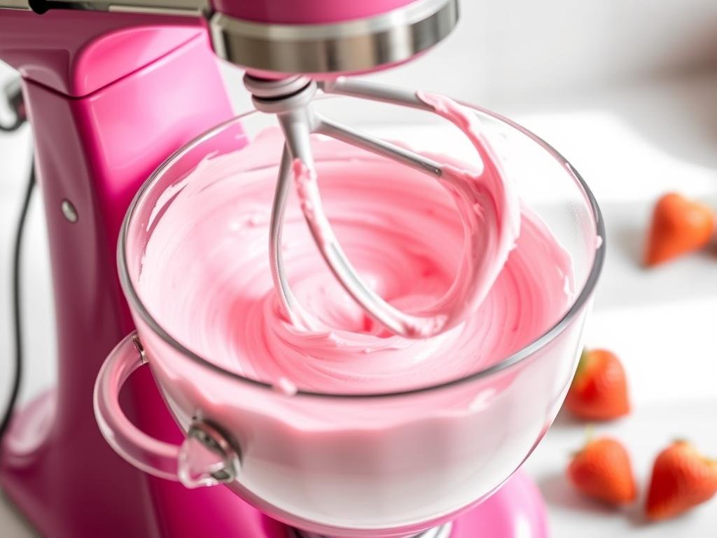Pink strawberry buttercream being whipped in a mixer bowl