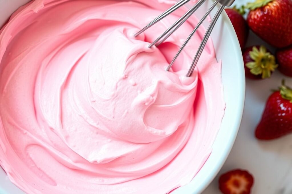 Pink strawberry buttercream frosting in a bowl with a whisk Pink strawberry buttercream frosting in a bowl with a whisk