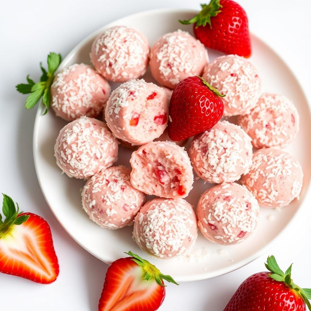 Pink strawberry coconut energy balls rolled in coconut flakes on a white plate