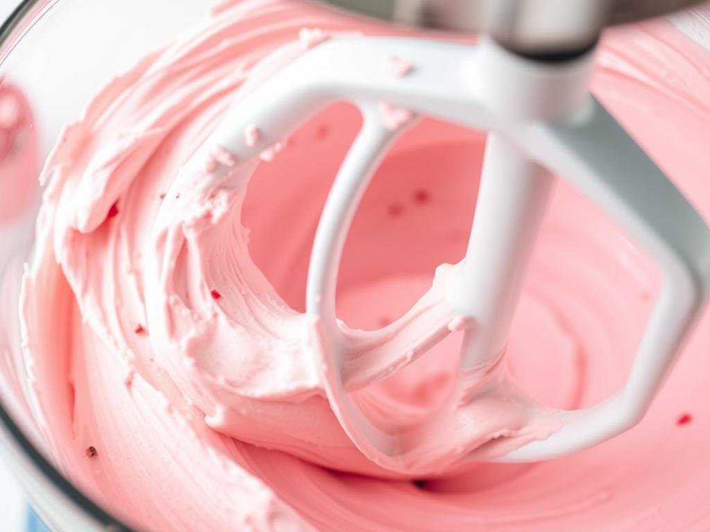 Pink strawberry cream cheese frosting being whipped in a stand mixer Pink strawberry cream cheese frosting being whipped in a stand mixer