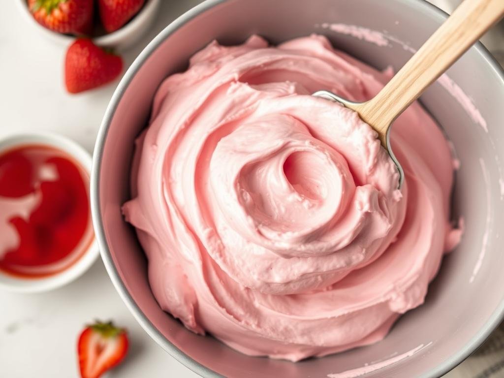 Pink strawberry cream cheese frosting in a mixing bowl