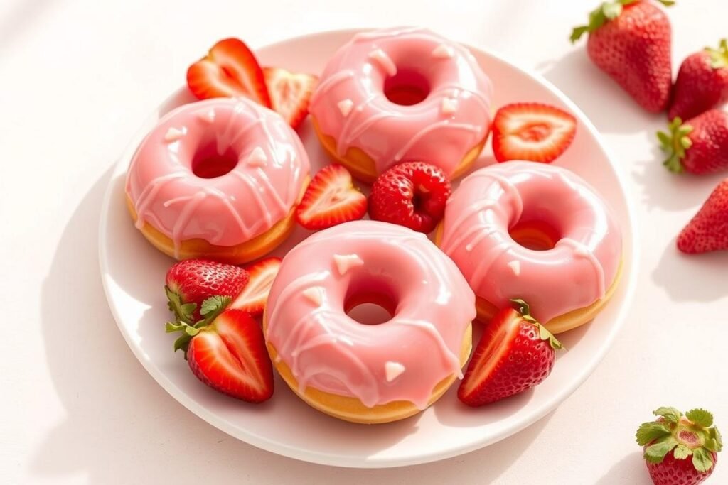 Pink-tinted baked strawberry donuts with a light glaze and fresh strawberry pieces on top