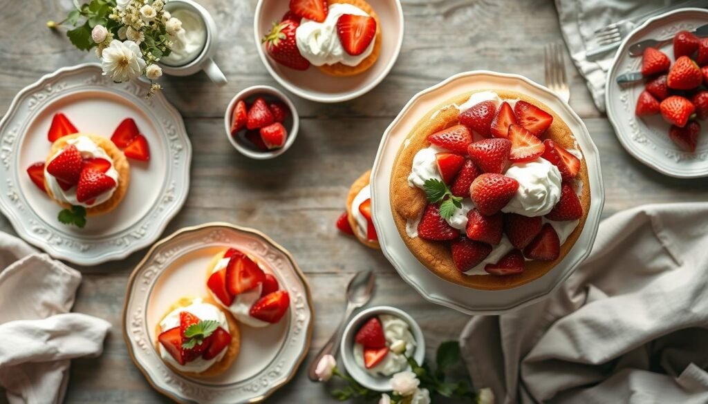 Pinterest-worthy strawberry shortcake presentation with fresh flowers and vintage tableware Pinterest-worthy strawberry shortcake presentation with fresh flowers and vintage tableware