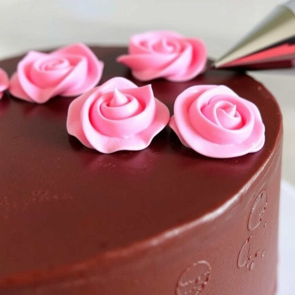 Piped buttercream rosettes on cake