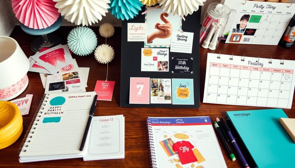 Planning tips for 17th birthday themes with planning notebook, decorations, and party supplies Planning tips for 17th birthday themes with planning notebook, decorations, and party supplies