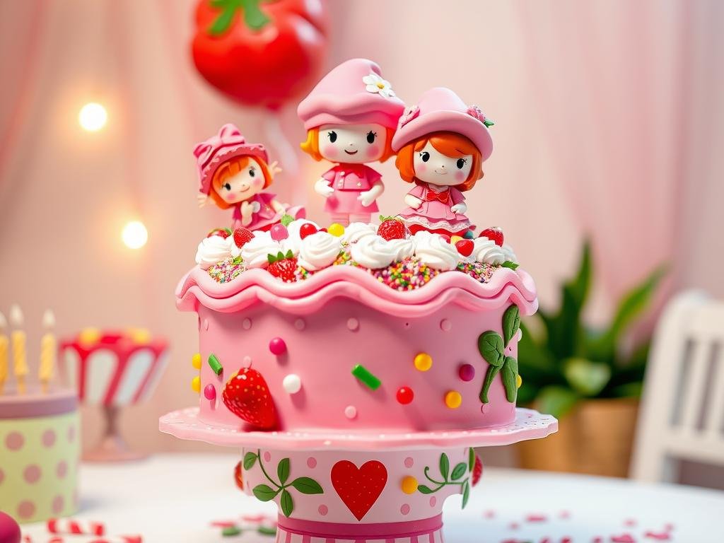 Playful strawberry shortcake character centerpiece for children's birthday parties
