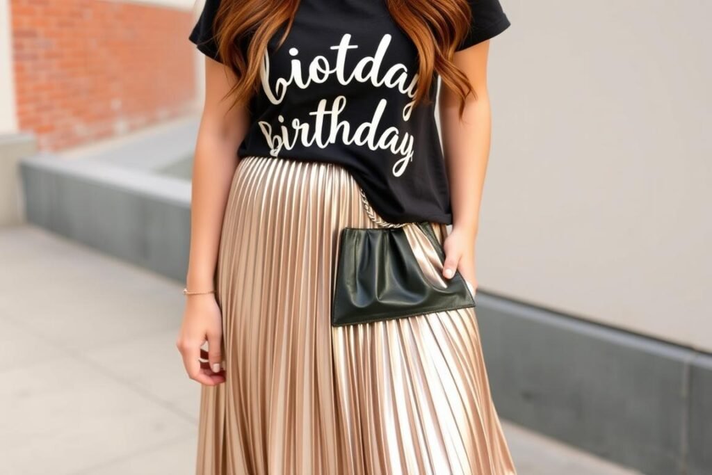 Pleated skirt with graphic tee for 22nd birthday