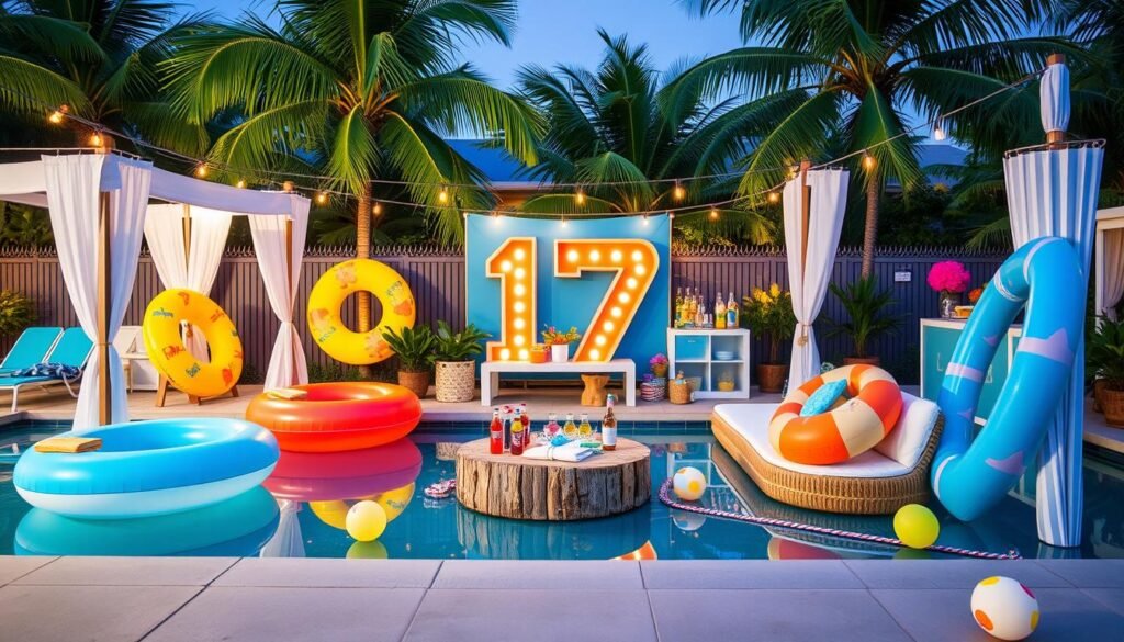 Poolside paradise 17th birthday theme with pool floats, cabana lounges, and summer party decorations Poolside paradise 17th birthday theme with pool floats, cabana lounges, and summer party decorations