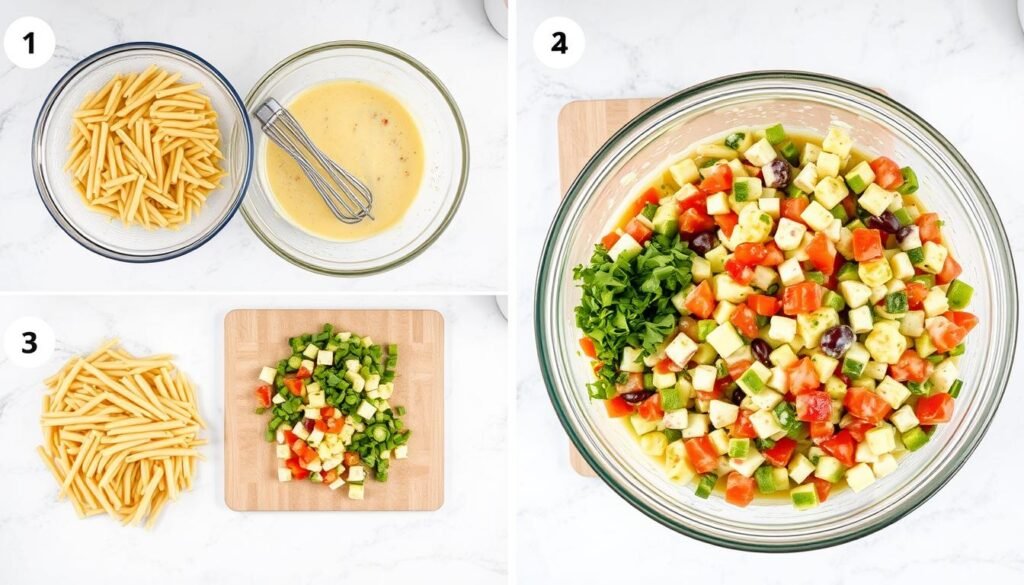 Preparation of creamy pasta salad showing cooking and mixing steps