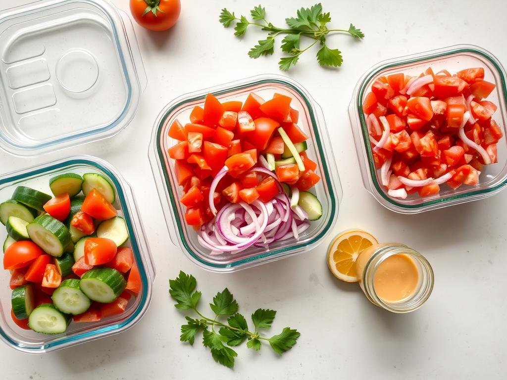 Prepped ingredients for tomato and cucumber salad in separate containers