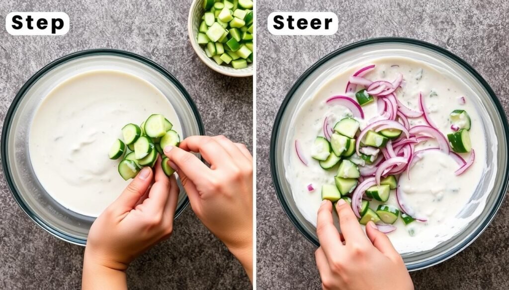 Process of making creamy cucumber salad with sliced cucumbers being added to dressing