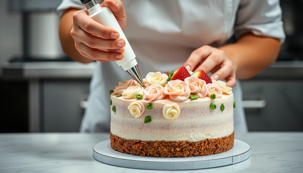 Professional baker demonstrating advanced piping technique on a strawberry cake