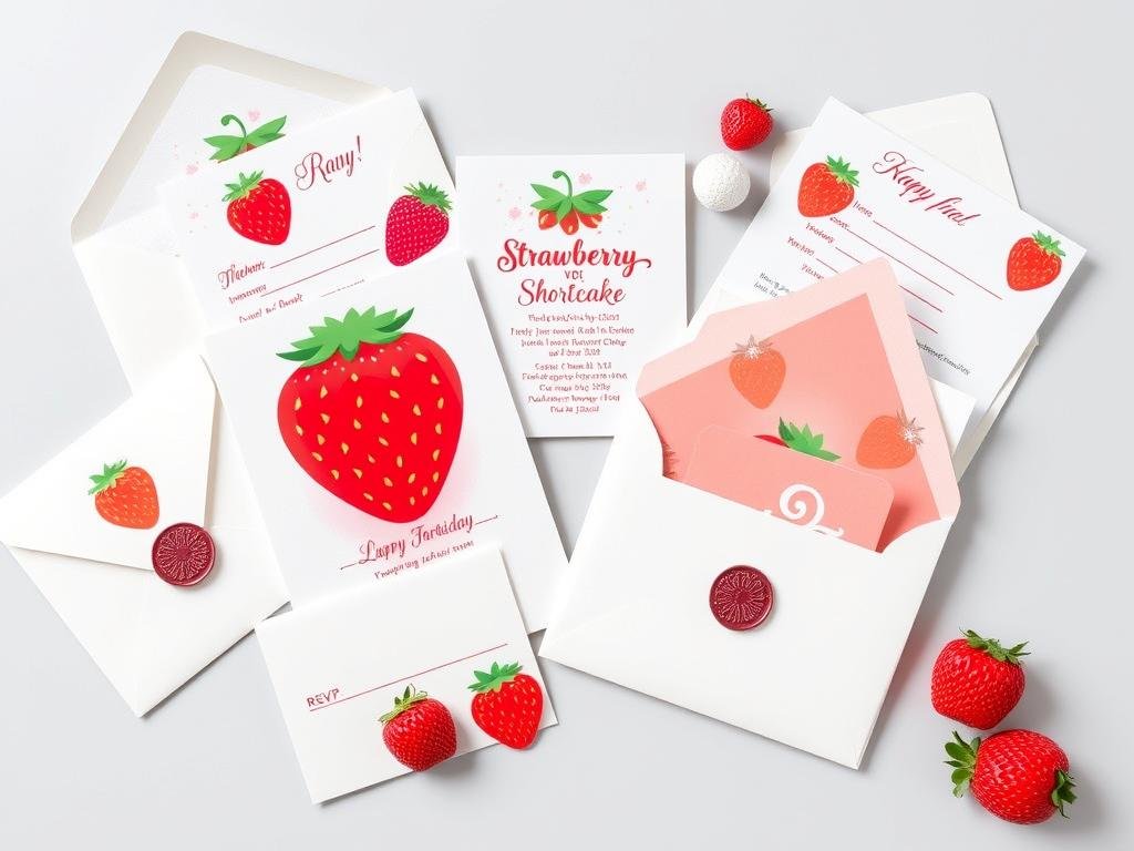 Professionally printed strawberry shortcake invitations with matching envelopes and seals Professionally printed strawberry shortcake invitations with matching envelopes and seals