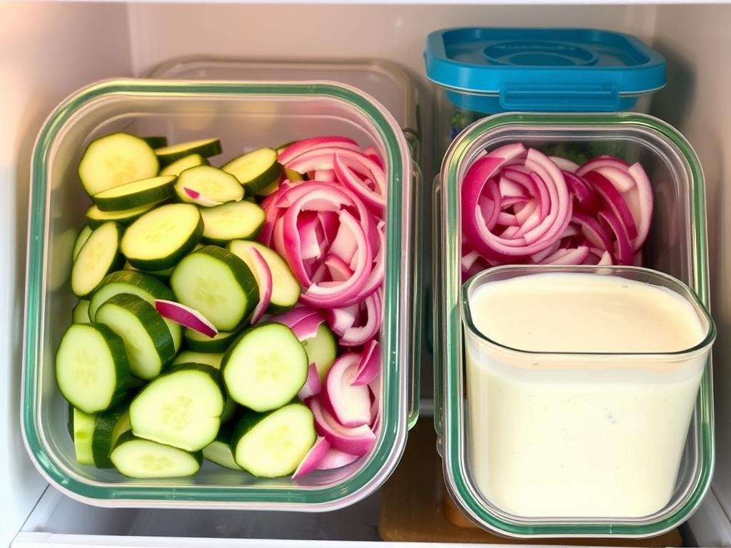 Properly stored creamy cucumber salad in glass containers in a refrigerator Properly stored creamy cucumber salad in glass containers in a refrigerator