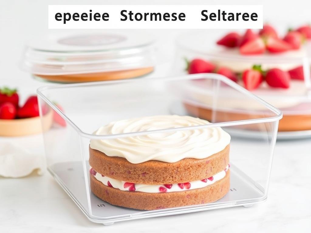 Properly stored homemade strawberry cake in a cake carrier Properly stored homemade strawberry cake in a cake carrier