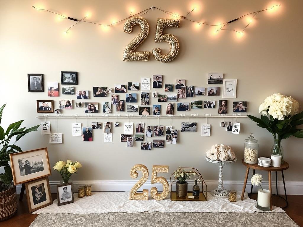 Quarter-life milestone themed 25th birthday with timeline displays, photo collections, and meaningful decorations Quarter-life milestone themed 25th birthday with timeline displays, photo collections, and meaningful decorations