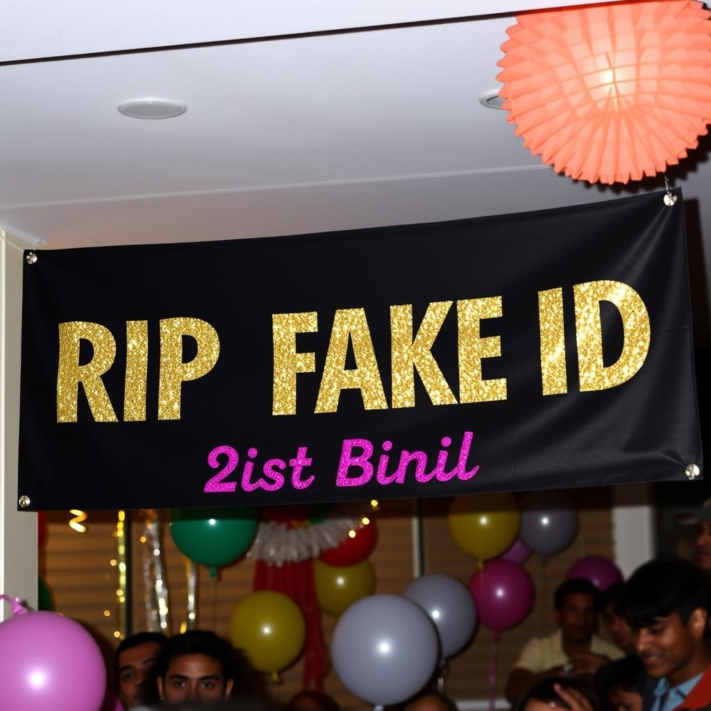 RIP Fake ID 21st birthday banner hanging at a party
