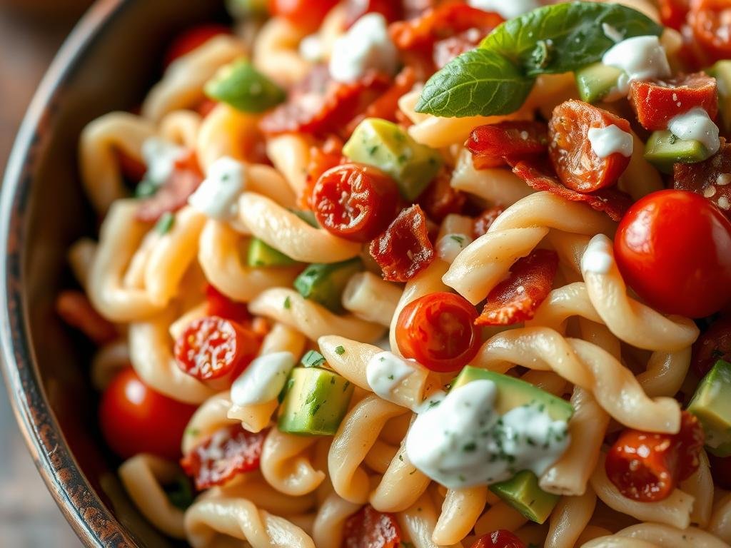 Ranch BLT pasta salad with bacon, tomatoes, and creamy dressing Ranch BLT pasta salad with bacon, tomatoes, and creamy dressing