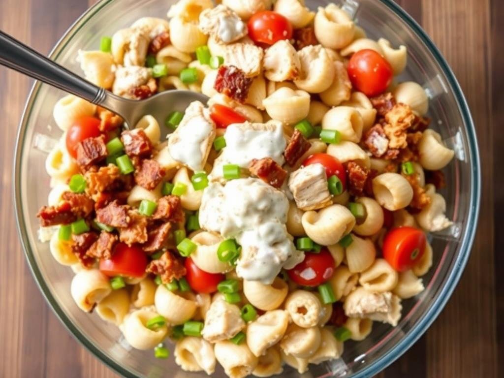 Ranch chicken pasta salad with bacon and cheddar cheese
