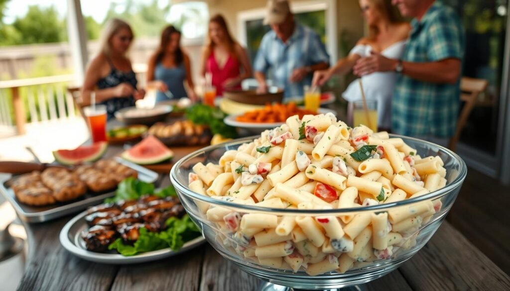 Ranch pasta salad being served at a backyard barbecue with people enjoying food Ranch pasta salad being served at a backyard barbecue with people enjoying food