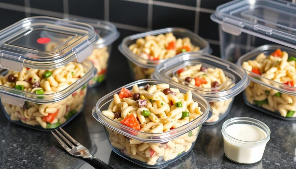 Ranch pasta salad in meal prep containers for easy storage and serving Ranch pasta salad in meal prep containers for easy storage and serving