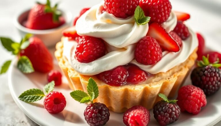 Raspberry tart strawberry shortcake fusion dessert with fresh berries and cream