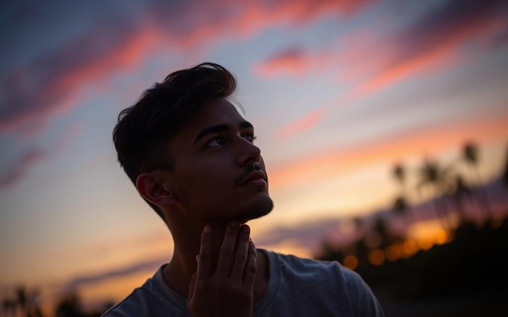 Reflective moment of a person celebrating their 20th birthday with a sunset backdrop