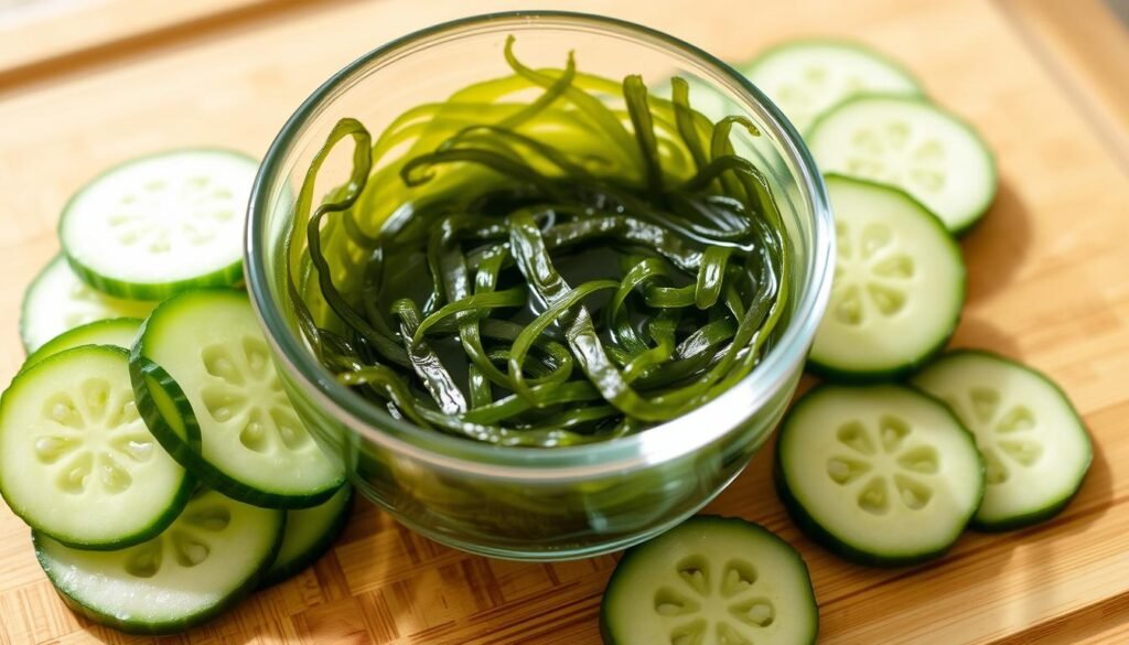 Rehydrated wakame seaweed in a small bowl next to cucumber slices