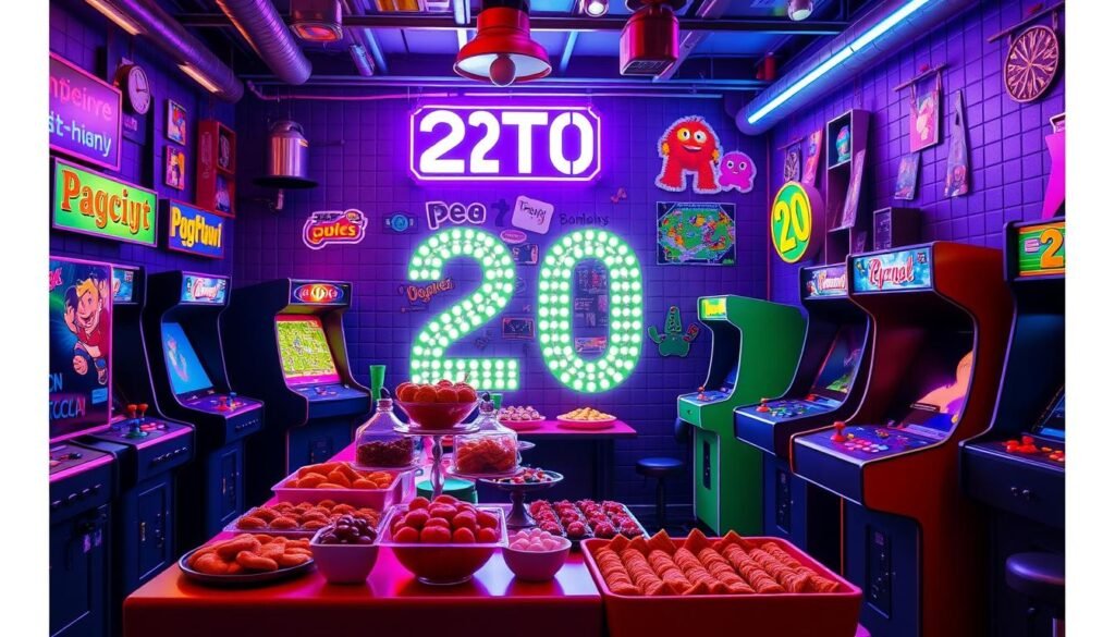 Retro arcade themed 20th birthday party with neon lights and classic games