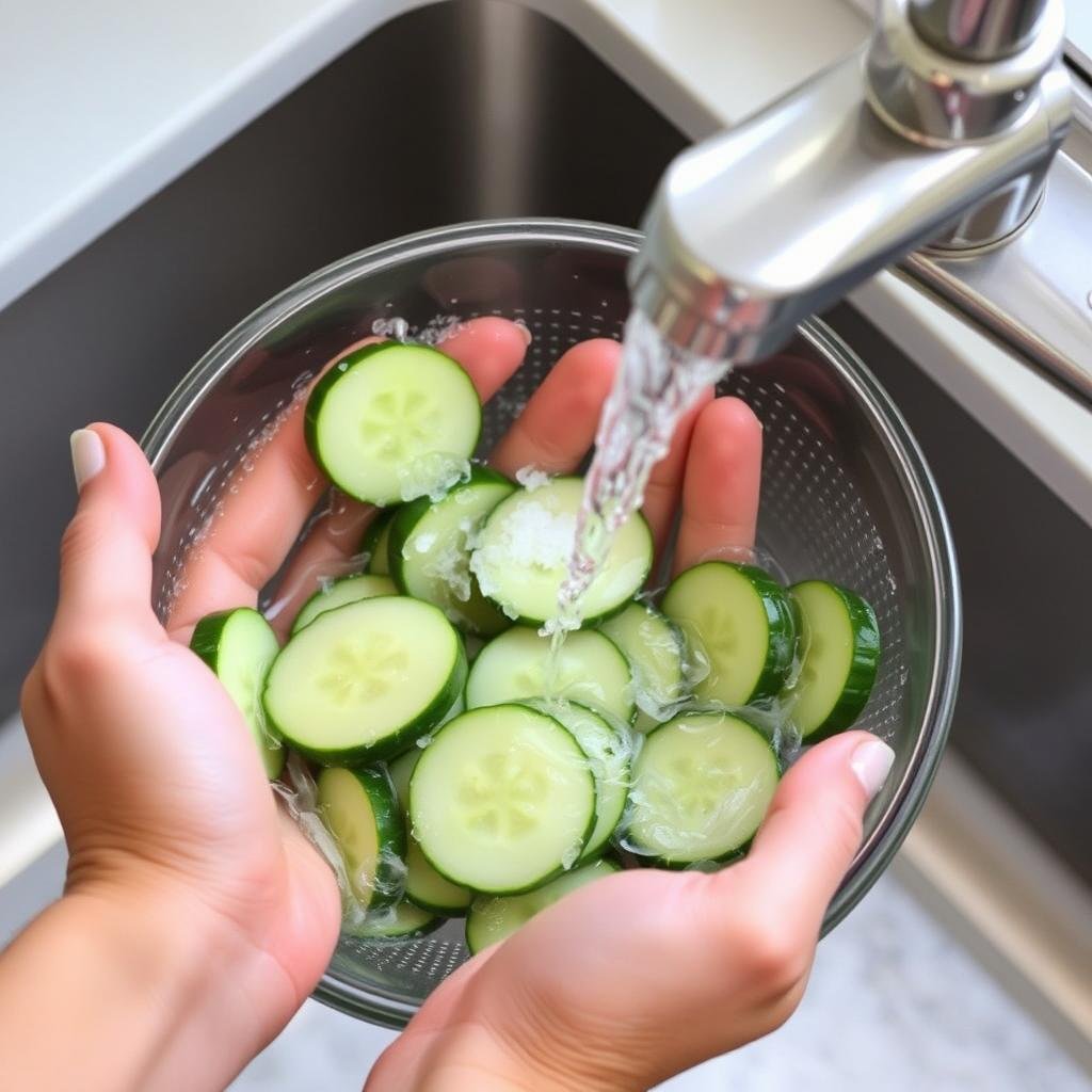Rinsing salted cucumber slices under cold water Rinsing salted cucumber slices under cold water