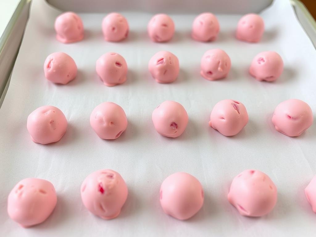 Rolled strawberry cake balls on a parchment-lined baking sheet