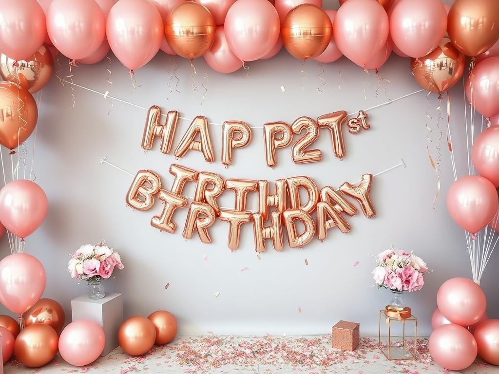 Rose gold 21st birthday banner with matching decorations