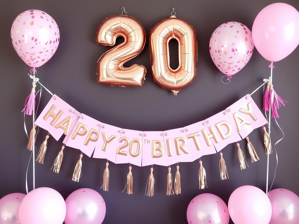 Rose gold and pink 20th birthday banner with confetti balloons Rose gold and pink 20th birthday banner with confetti balloons