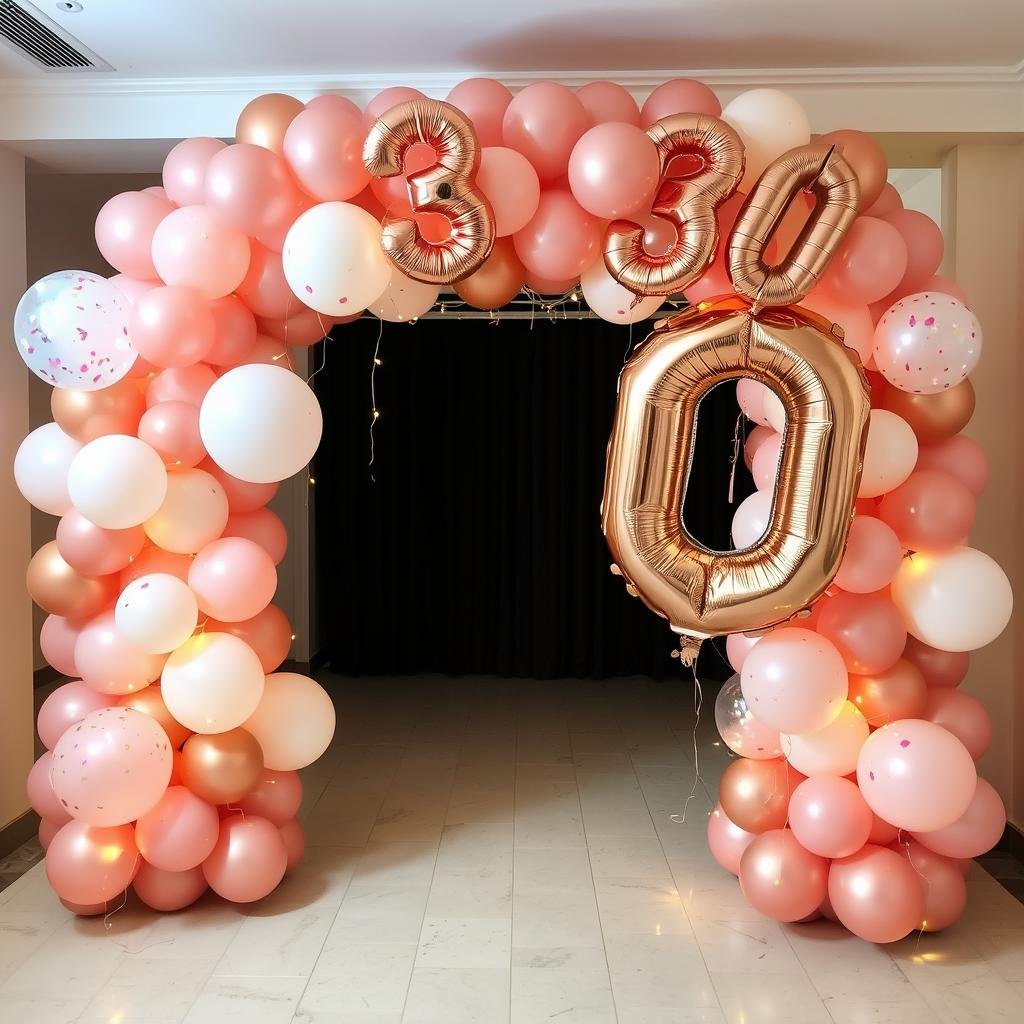 Rose gold balloon arch with '30' number balloons and string lights Rose gold balloon arch with '30' number balloons and string lights