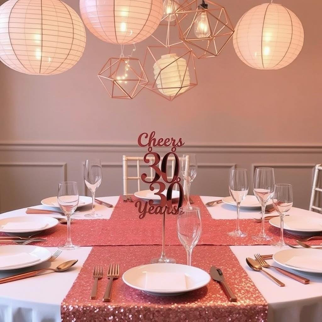 Rose gold table setting with sequin runner, fairy lights, and decorative elements Rose gold table setting with sequin runner, fairy lights, and decorative elements